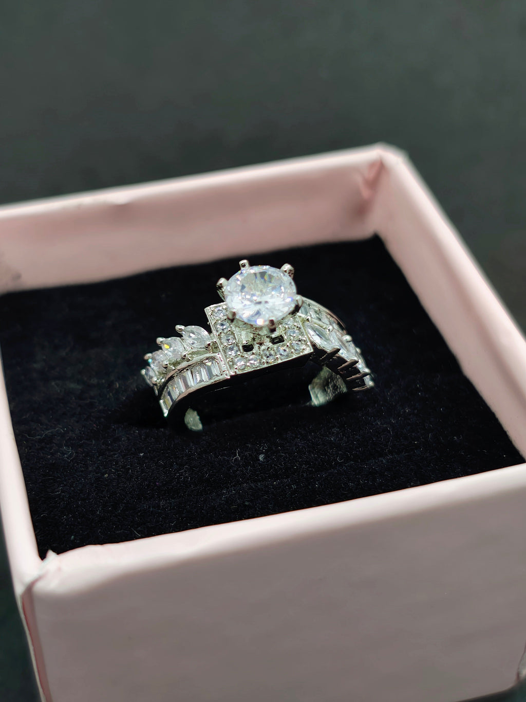 Silver and white Oval- Cut stone ring